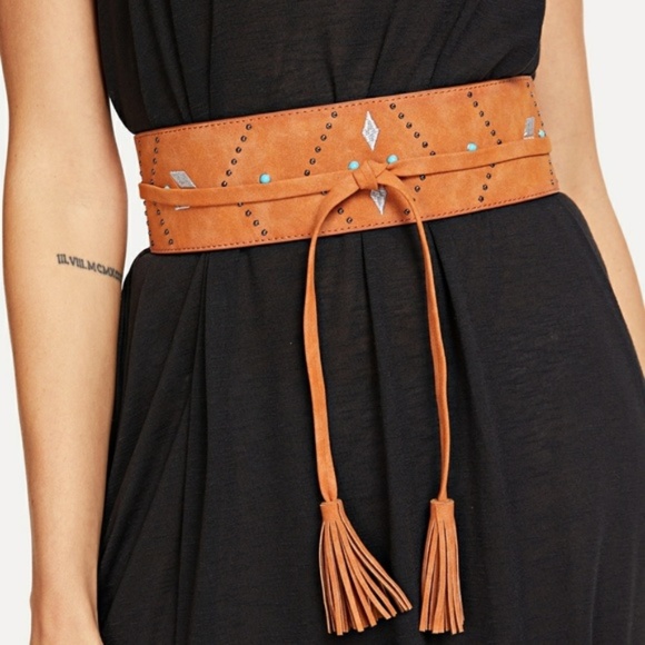 Tassel & Embroidery Brown Leather OBI Belt NWT - Picture 2 of 3